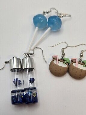Fun Lot Of Earrings Coconut Drink Floral Bottle And Lollipops